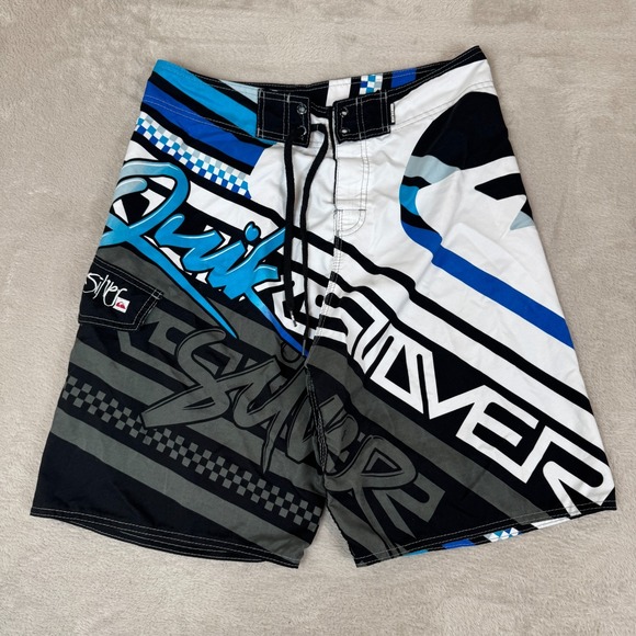 Y2K Quiksilver Swim Board Shorts Mens 34 Black Blue Preowned Beach Summer Surf - Picture 1 of 7
